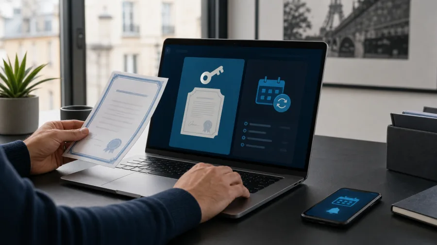 A small business owner reviewing their domain name registration and renewal date on a laptop