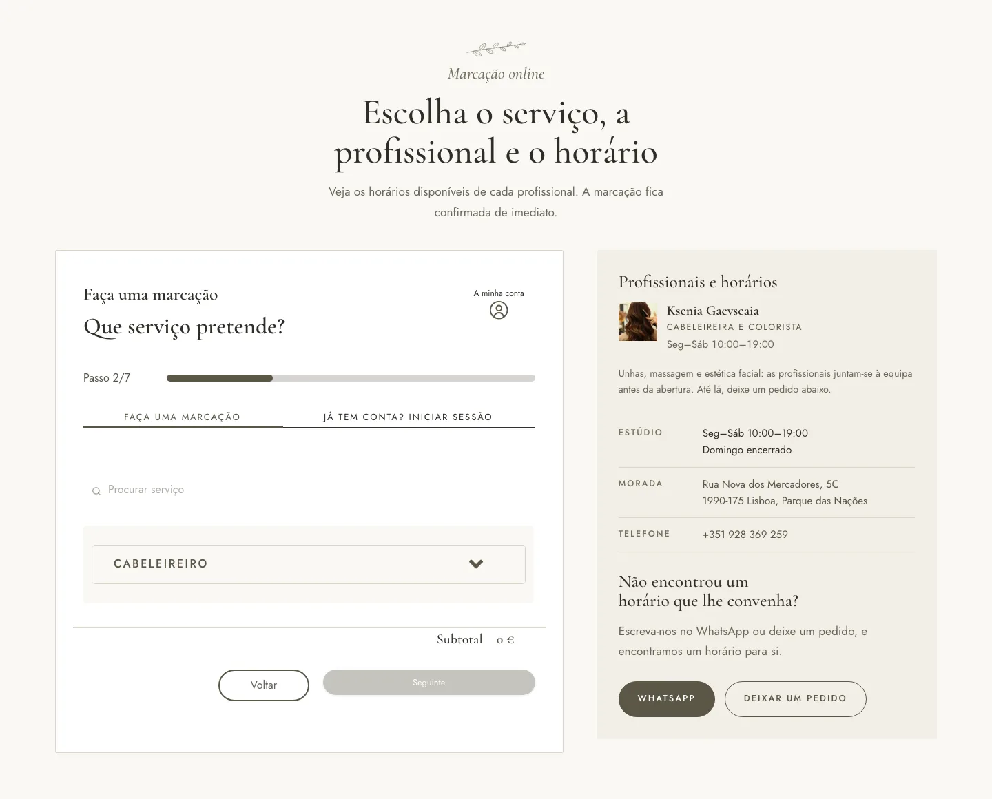 Persona Beauty Studio online booking screen