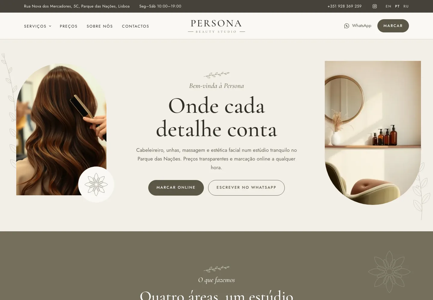 Persona Beauty Studio home page with booking and WhatsApp buttons