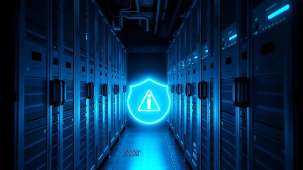 A dark server room aisle with a glowing blue shield and a warning sign between the rows of racks