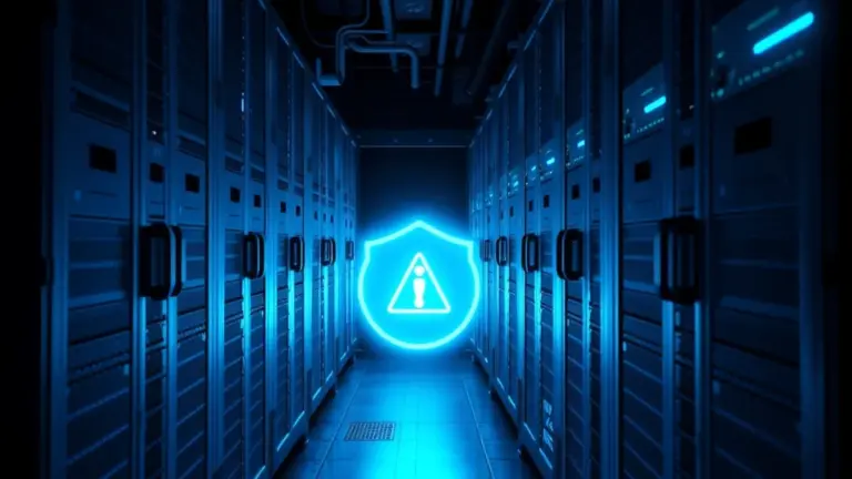A dark server room aisle with a glowing blue shield and a warning sign between the rows of racks