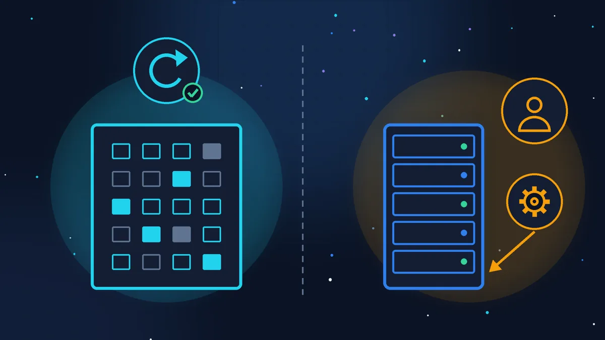 Two-part diagram: on the left a shared hosting building with many windows standing for websites and an update icon with a green check mark above it; on the right a standalone server cabinet with person and gear icons and an arrow from the gear to the server
