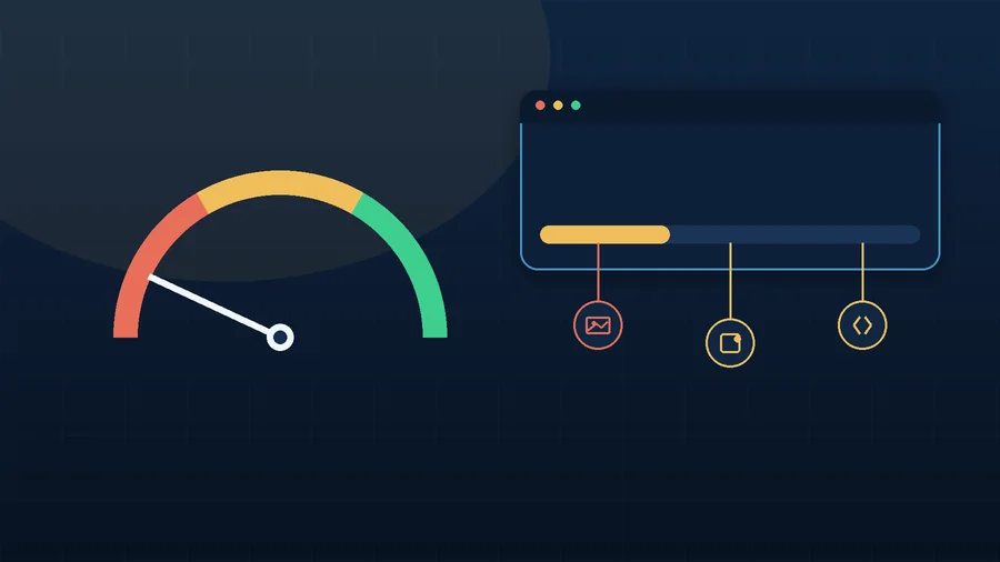A speedometer in the red zone beside a loading bar weighed down by icons for a photo, a plugin and a block of code
